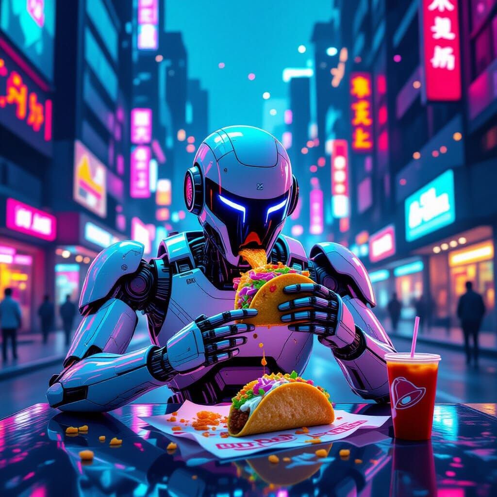 Robot's Neon Taco Bell Feast: Cyberpunk Cityscape