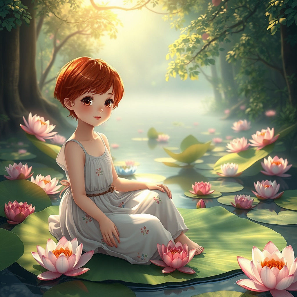 Red-Haired Girl on Lily Pad in Anime Style