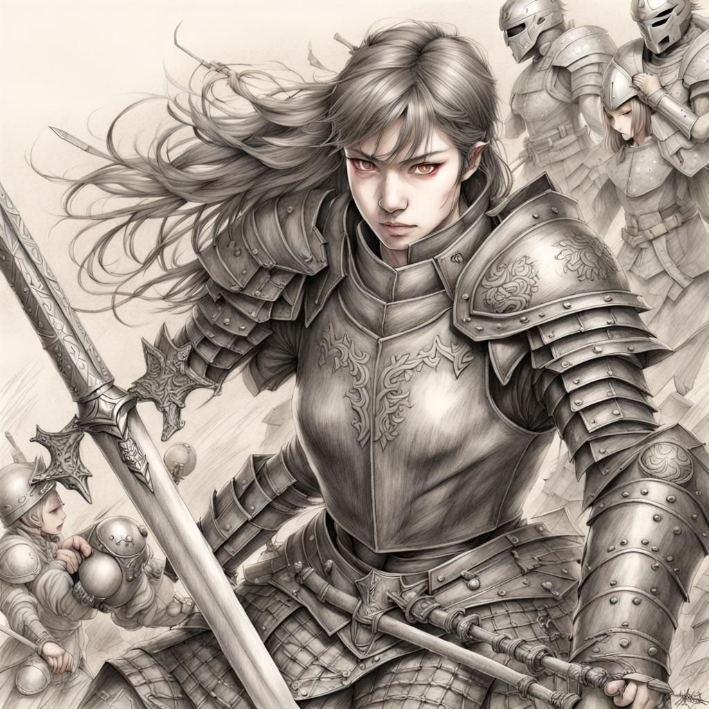 Woman Knight Battles Demon: Manga Pencil Art