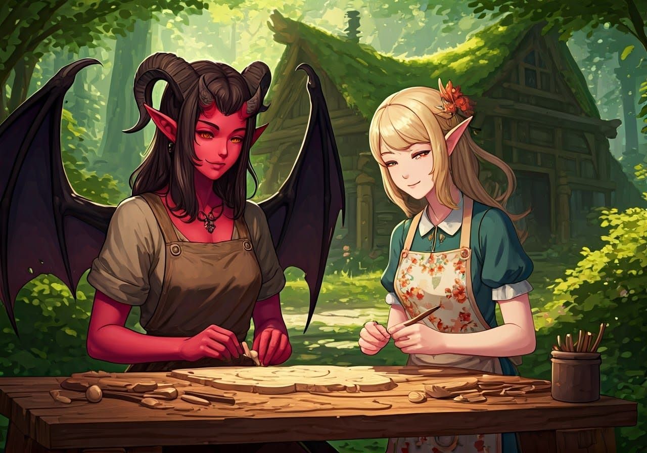 Female Demoness Learns Woodworking from Elven Apprentice in ...