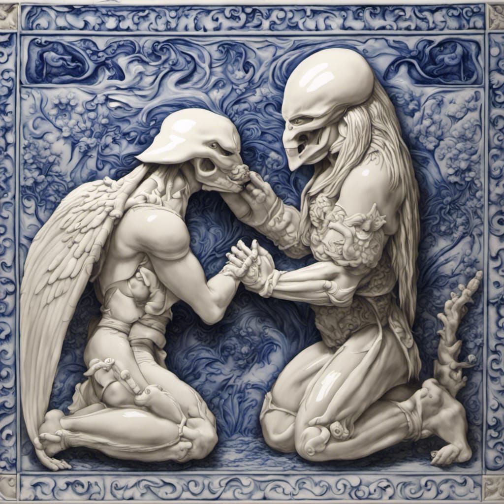 Hyperrealistic Predator and ET Praying in Delft Tile Style