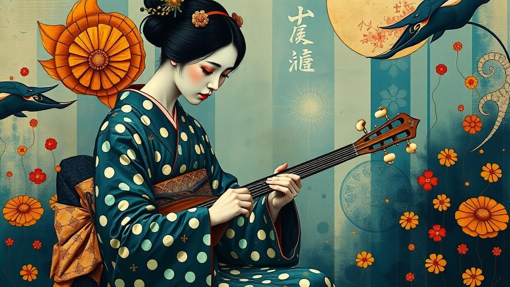 Geisha in Polka Dot Kimono with Surreal Background