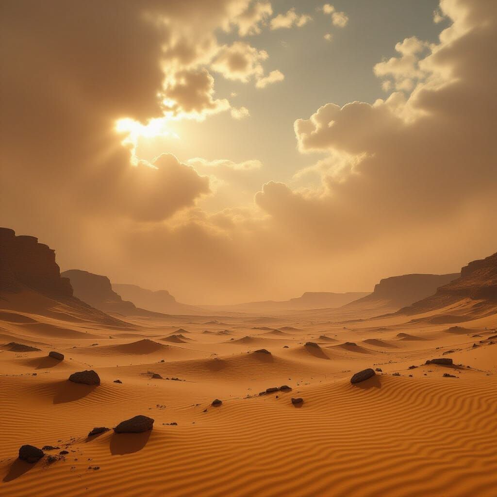 Desolate Desert Landscape with Swirling Dust Clouds