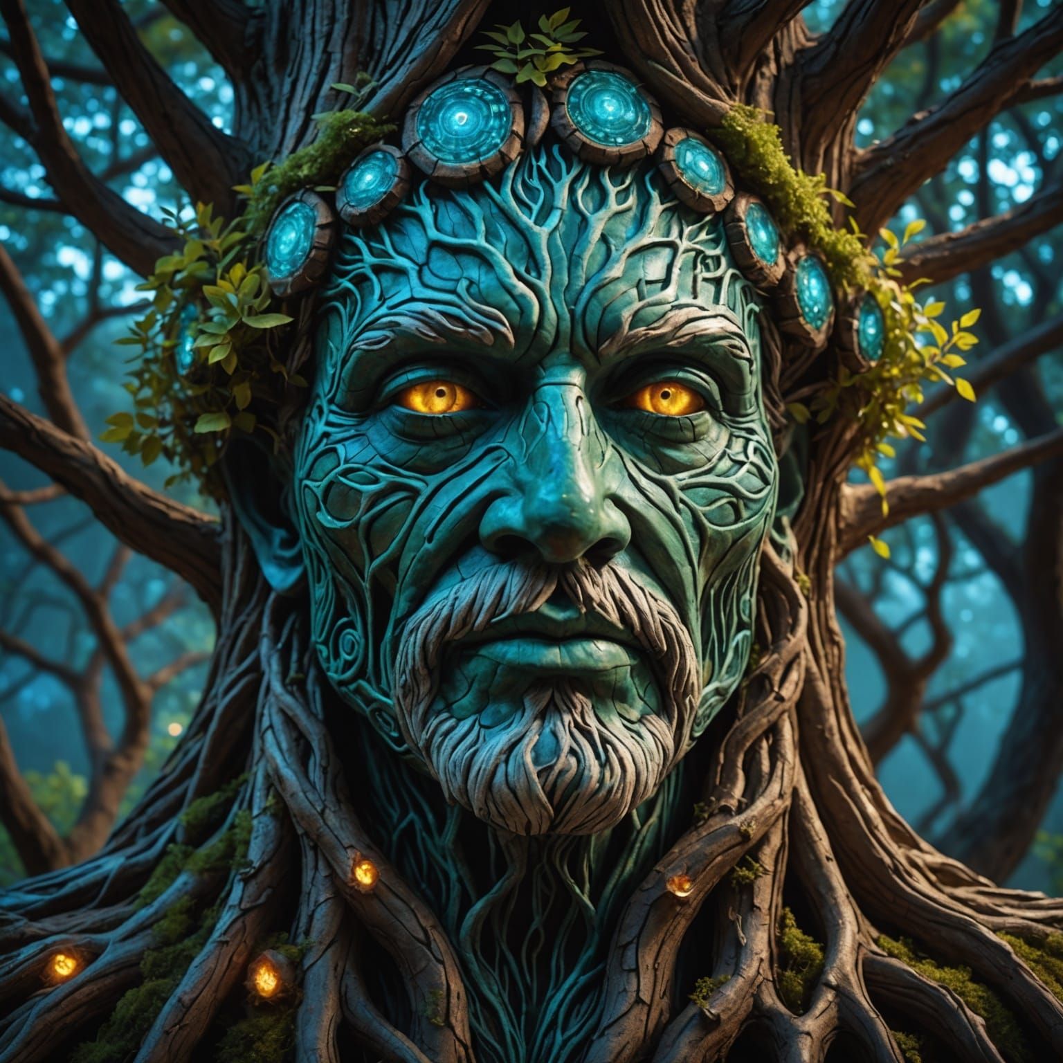 Bioluminescent Tree of Life with Druid Face