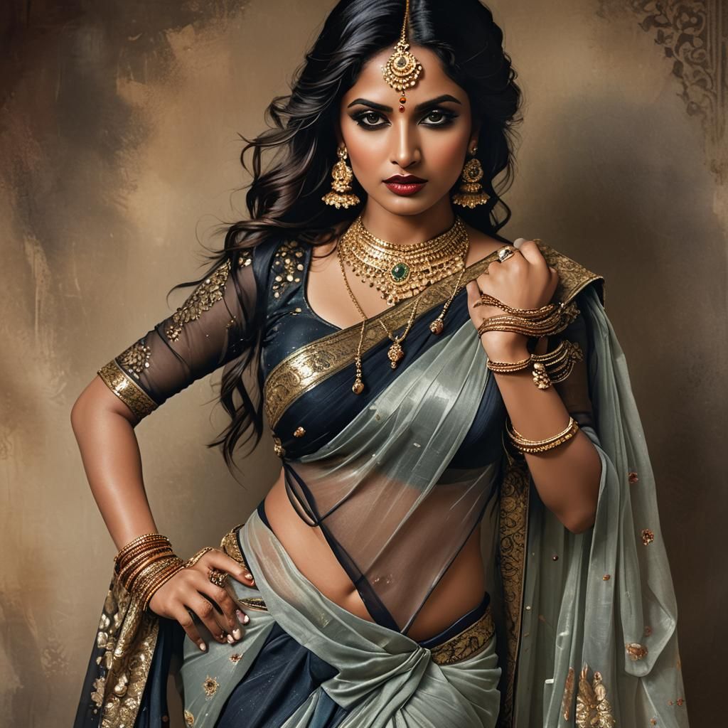 Seductive Indian Woman in Saree, Hyperrealistic Concept Art