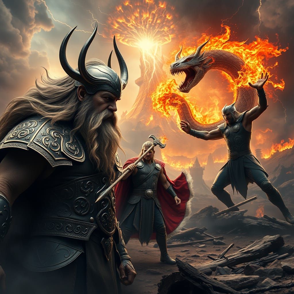 Epic Ragnarok Battle: Odin vs Fenrir in a Desolate Norse Lan...