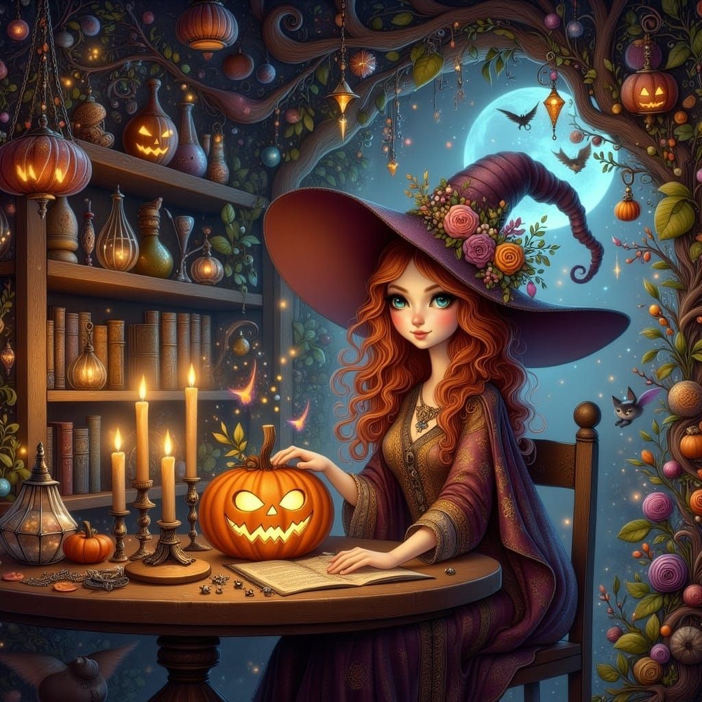 Enchanting Witch Carves a Pumpkin in Matte Painting Style