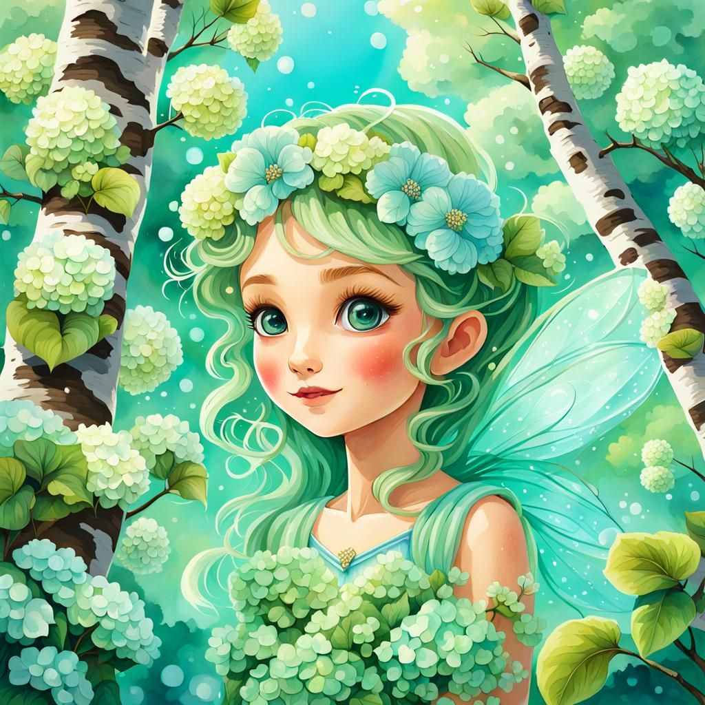 Cute Water Fairy in Sunny Birch Forest