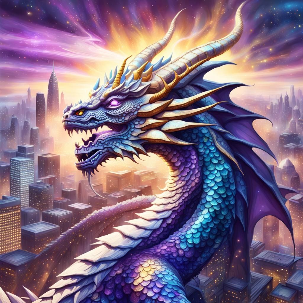 Divine Dragon Towers Over City: Astral Illustration