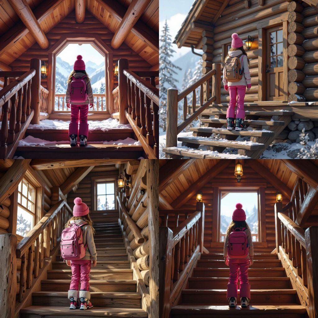 Girl in Pink Hat at Log Cabin Stairs