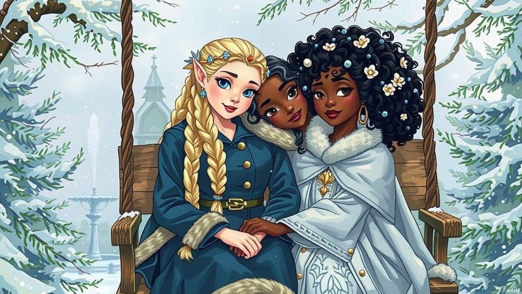 Mystical Winter Princesses in Vibrant, Hand-Drawn Style