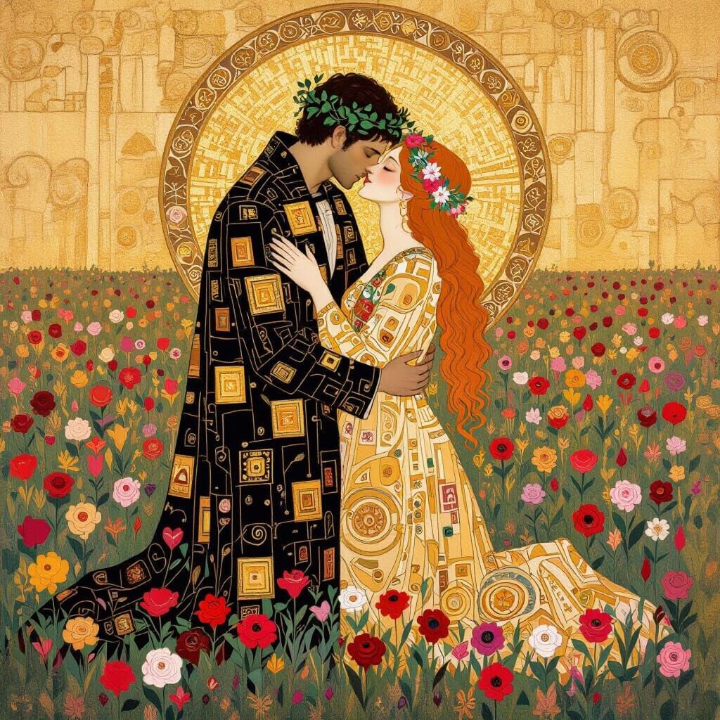 Couple Embracing in Golden Field, Klimt Style