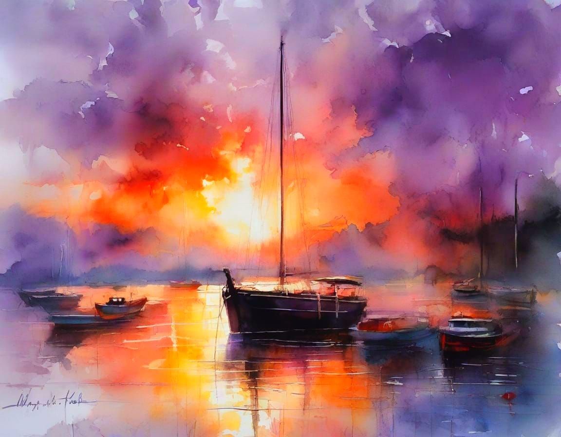 Aged Sailing Boat at Surreal Sunset: Neo-Impressionist Oil P...
