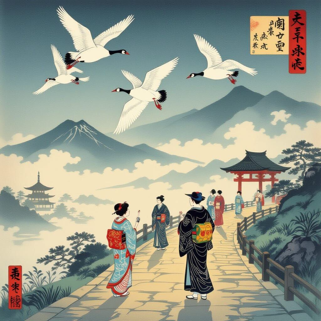 Wild Geese Flying: Japanese Ukiyo-e Scene