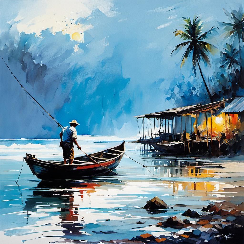 Philippine Fisherman at Sunrise: Watercolor Painting