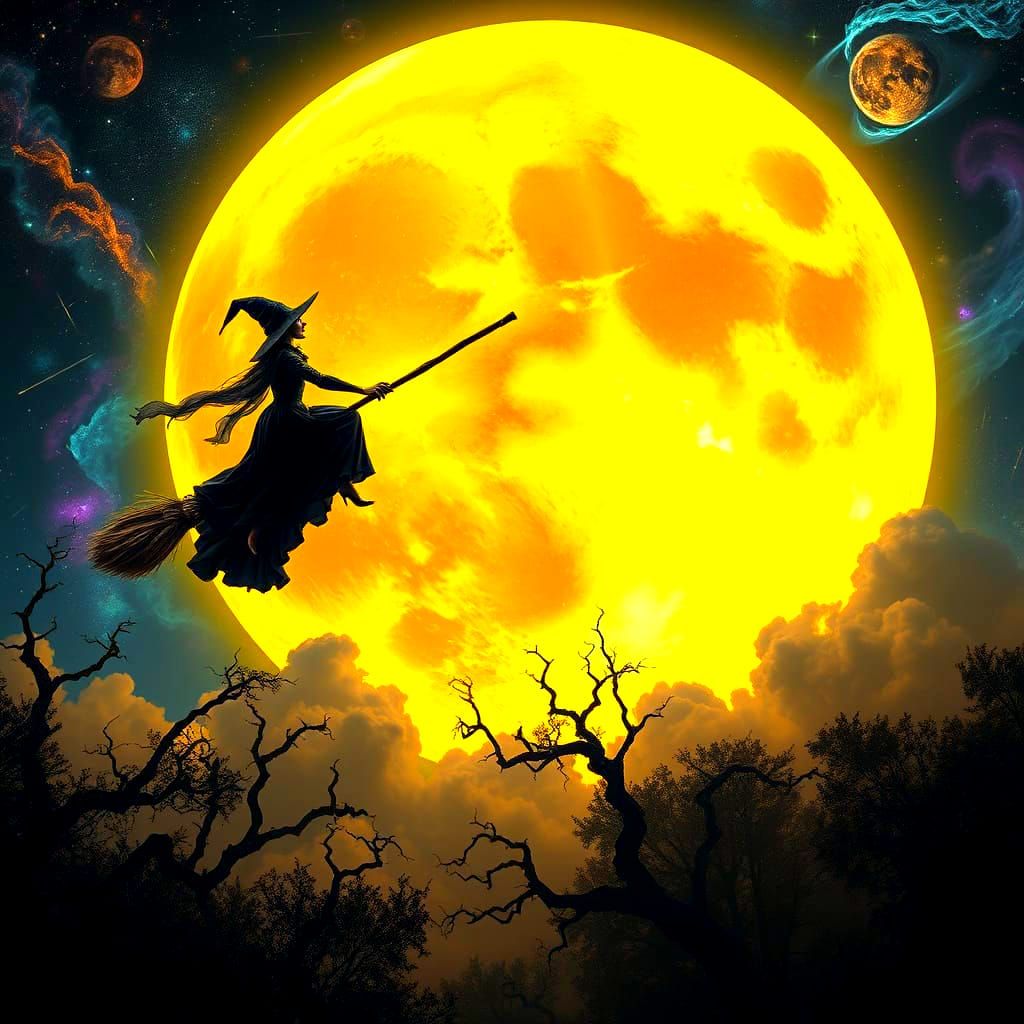 Epic Digital Witch Flight Across a Gigantic Yellow Moon