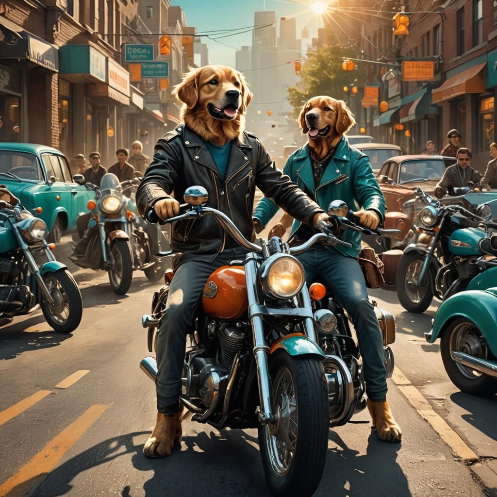 Golden Retriever Rides Motorcycle in Matte Painting