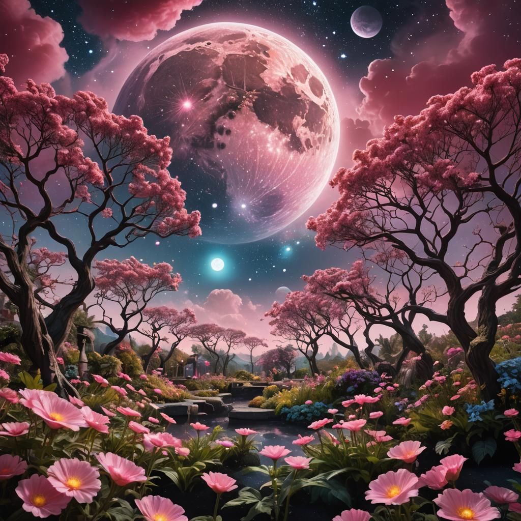 Dreamlike Garden of Stars with Supermoon