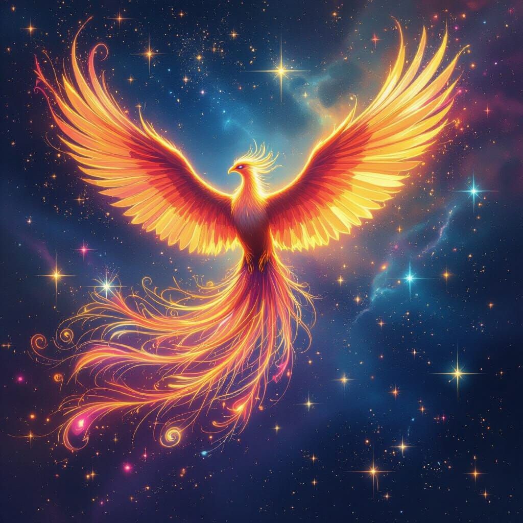 Bioluminescent Phoenix Soaring Through Nebula in Visionary A...