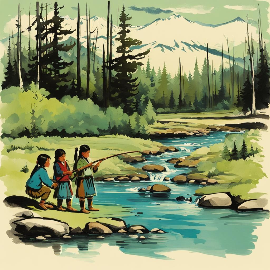 Native American Children Fishing, Vintage Hand-Drawn Style