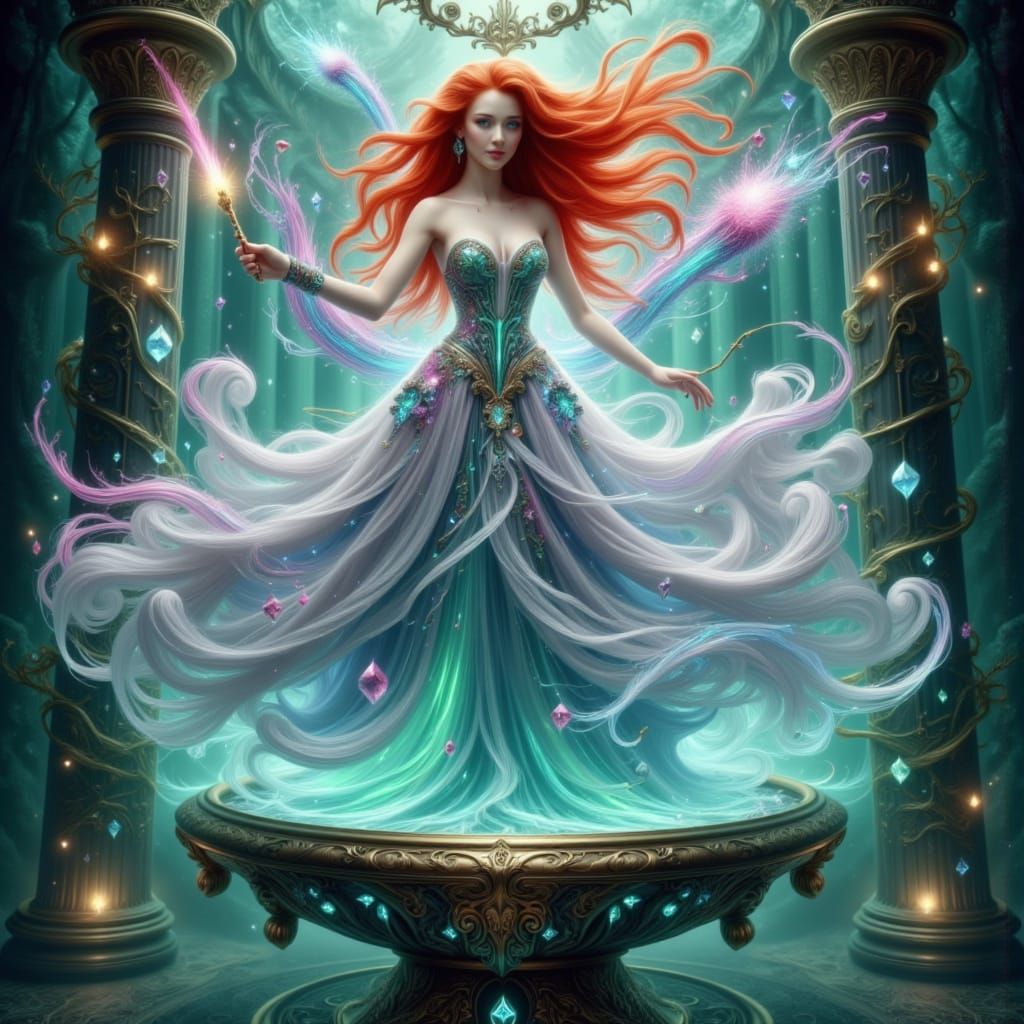 Mystical Redhead Casting Spell in Fantasy Art Style