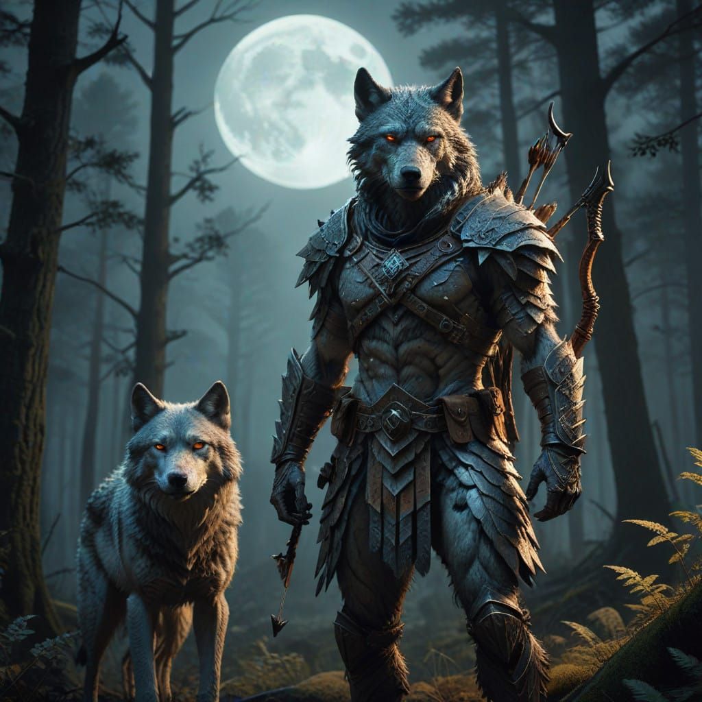 Moonlit Wolf-Man in Armor, Ready to Hunt