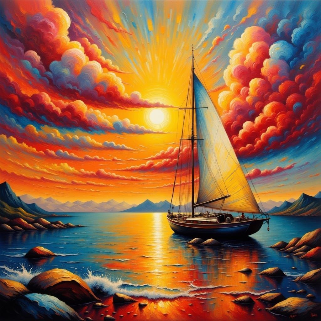 Impasto Seascape at Sunset with Abandoned Sailboat