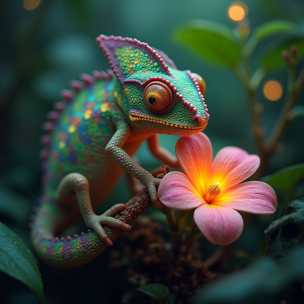 Chameleon Sipping Nectar in Lush Rainforest