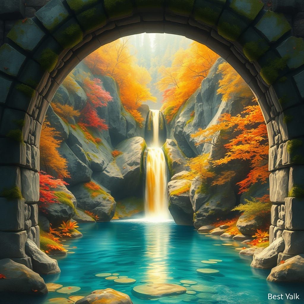 Magical Autumn Waterfall Archway in Watercolor Style