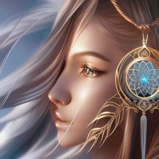 Girl Gazing Through Dreamcatcher: Art Nouveau Portrait