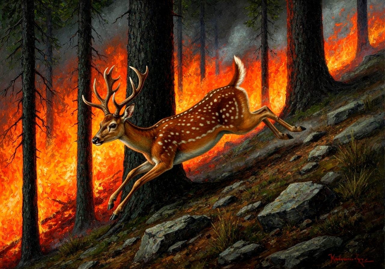 Deer Escaping Forest Fire as Post-Impressionist Oil Painting