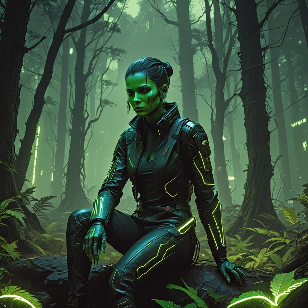 Green Alien Girl in Glowing Cyberpunk Forest