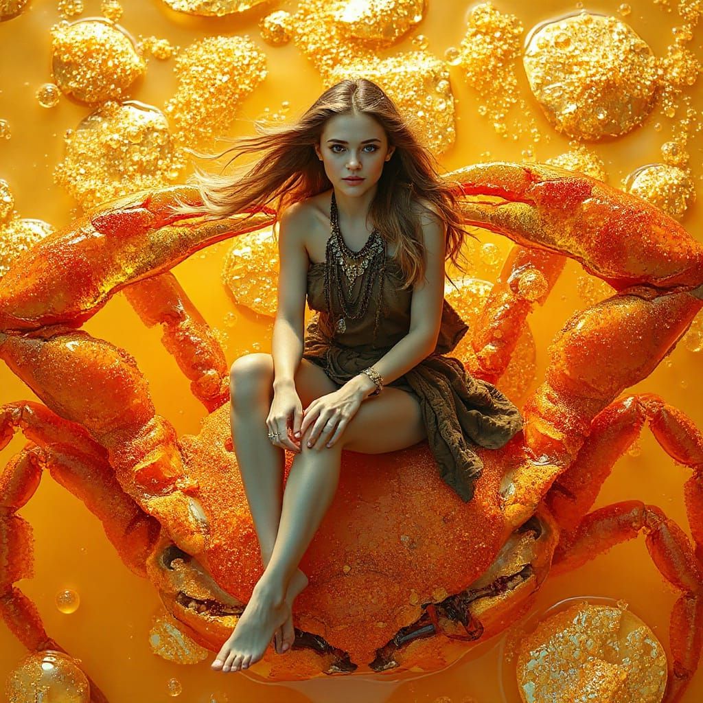 Woman on Gummy Crab in Effervescent Soda Sea