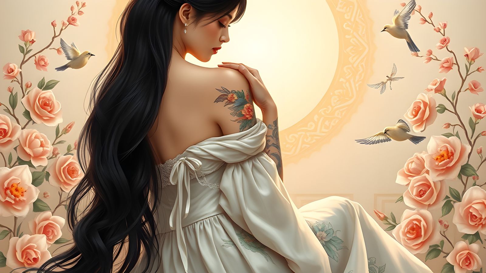 Elegant Woman with Tattoos in Fantasy Setting