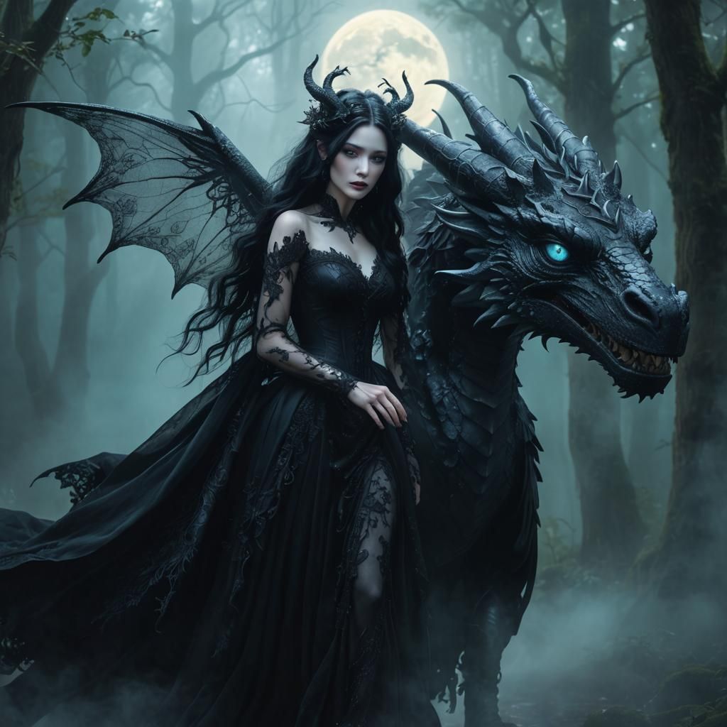 Gothic Fairy on Dragon in Misty Forest