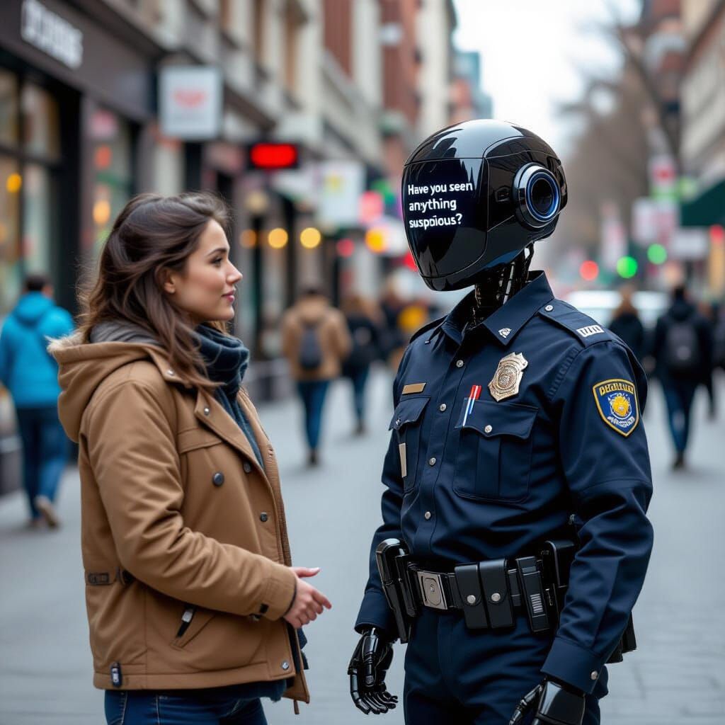 Robot officer with a screen displaying questions