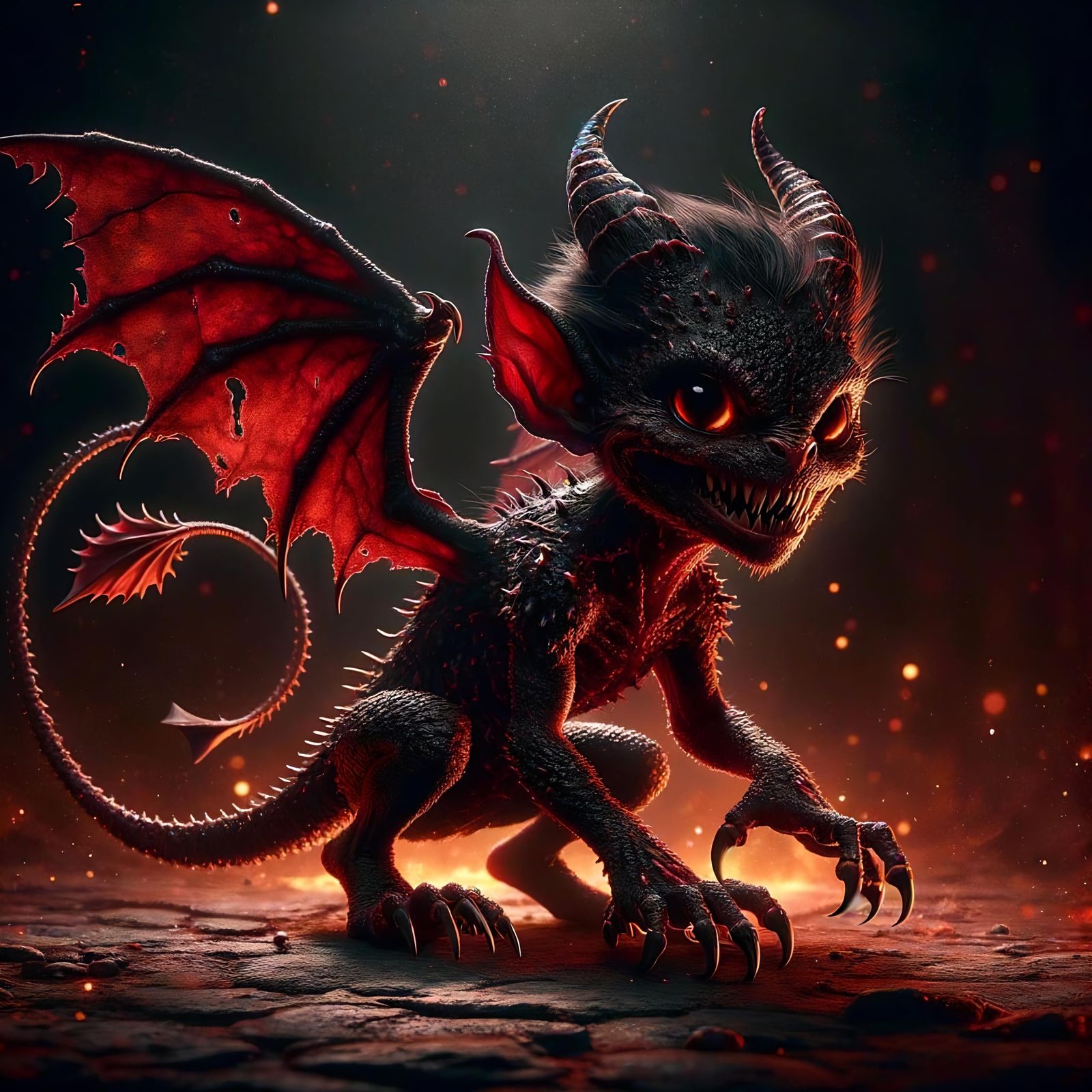 Fiery Imp in Dark Fantasy Hellscape