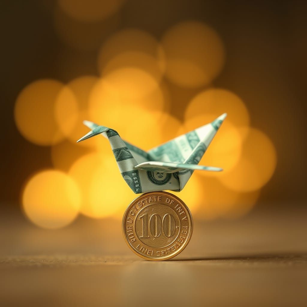 Origami Dollar Crane on Gold Coin, Macro Photography