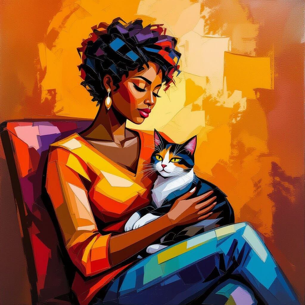 Woman and Cat in Impasto Oil Painting