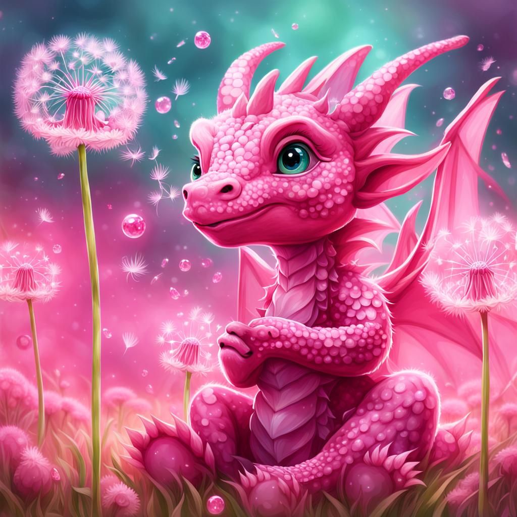 cute Pink anthropomorphic Pink baby dragon-girl blowing, making a wish on a hot pink Dandelion, sitting in a field of...