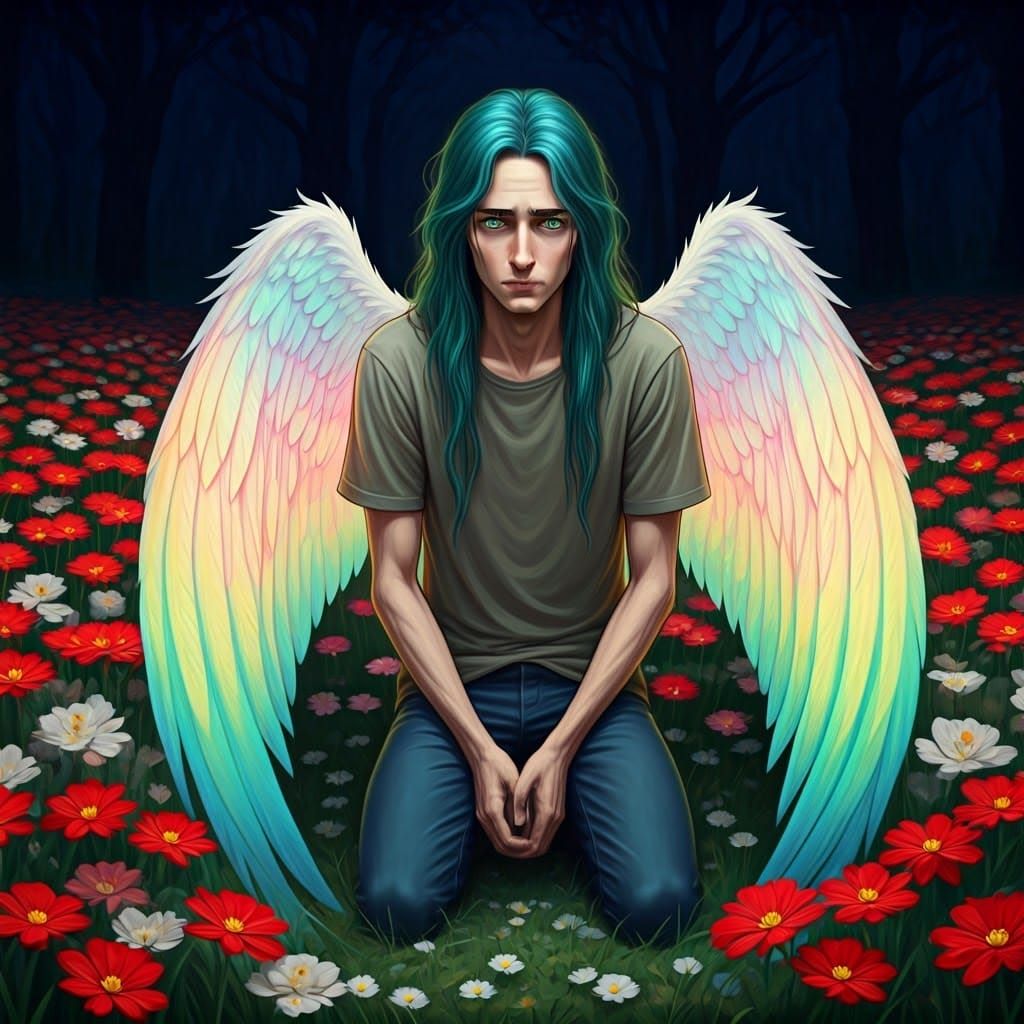 Melancholic Angel in Vibrant Bloom