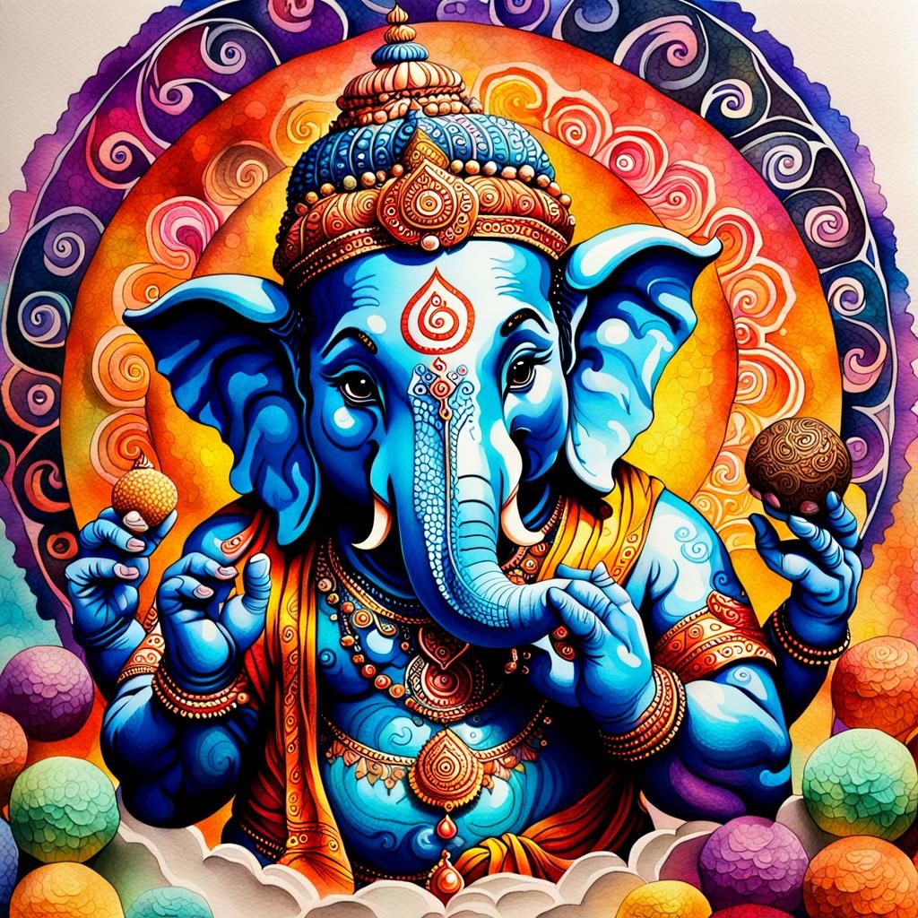 Detailed Watercolor of Bal Ganesh with Laddu