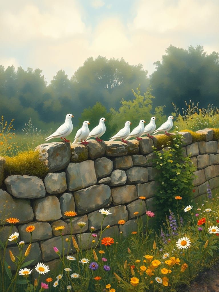 Serene Doves in Lush Monet-Inspired Landscape