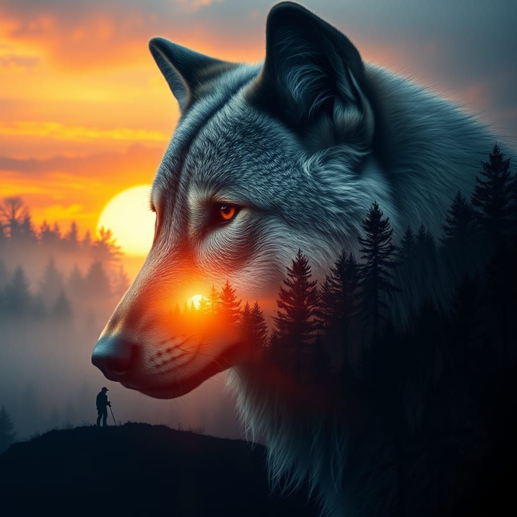 Majestic Wolf Double Exposure Photograph