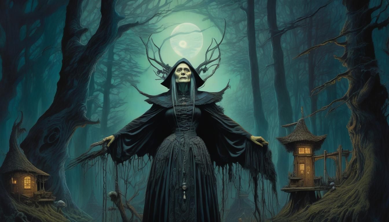 Baba Yaga in Mystical Forest: Grotesque Surrealism