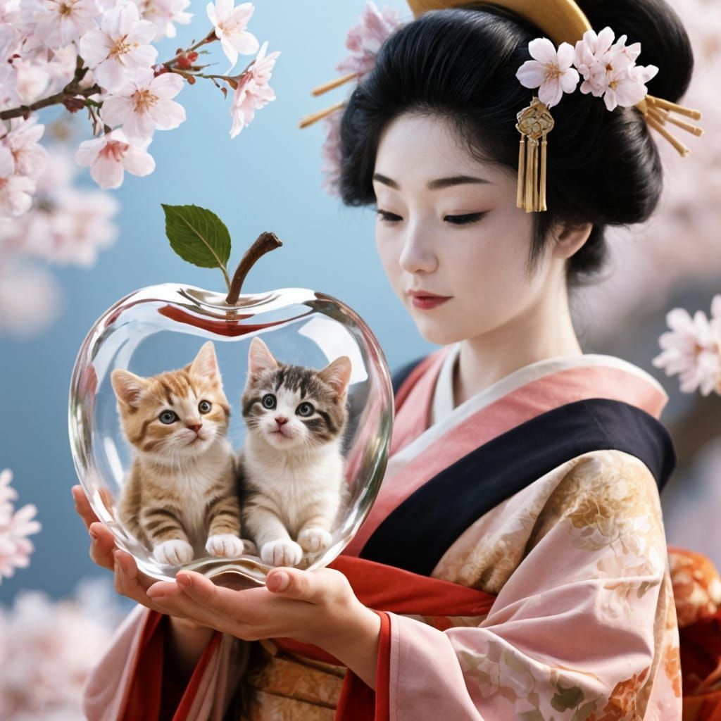 Geisha Holding Glass Apple With Kittens and Cherry Blossoms