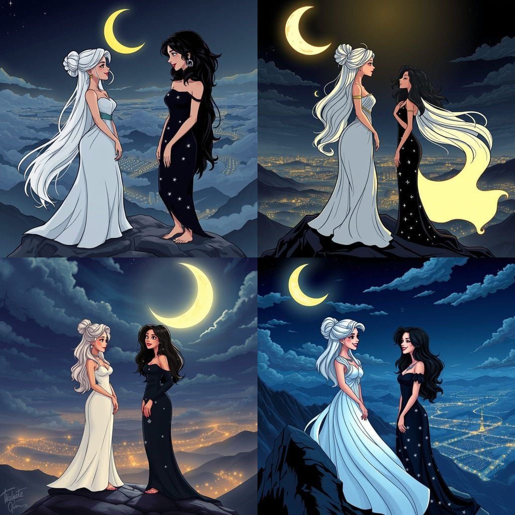 Two Women Meet Under Crescent Moon in Cartoon Style