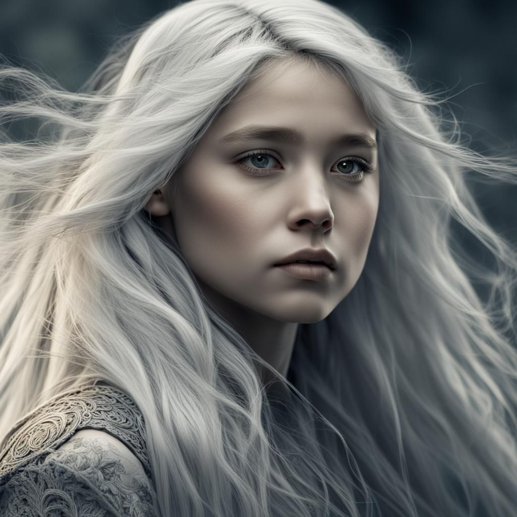 Girl with Long White Hair in Hyperrealistic Style