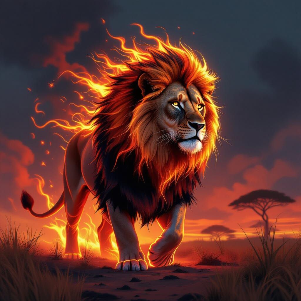 Solar Flare Lion in Cyberpunk Surrealism Style