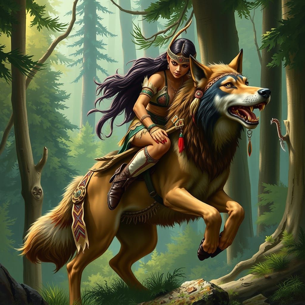 Majestic Wolfrider Elf Rides Loyal Wolf Companion in Vibrant...